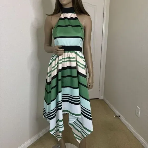 Anthropologie Troubadour Dress Sz 2 Green Stripe Candymint Halter Asymmetric Mid - Picture 2 of 11